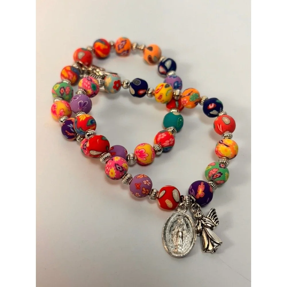 Beaded Stretch Bracelet Set Multicolor Religious Angel Charms‎ Kidcore Boho
